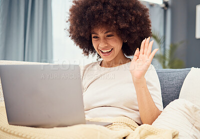 Buy stock photo Sofa, laptop and wave, black woman on video call with afro, happy sitting in living room. Relax at home, chat online and connect, a woman with smile on internet networking communication on videocall.