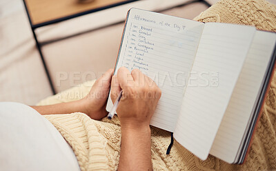 Buy stock photo Book, hand and woman writing list in her notebook while relaxing with ideas and future vision. Self love, self care and female hands write motivational list in her journal for mental health 