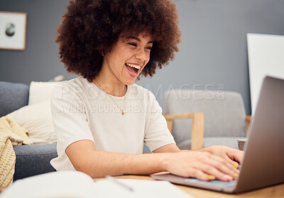 Buy stock photo Happy black woman afro, laptop and smile in excitement for learning, education or good news at home. African American female student enjoying study time while working or reading email on computer
