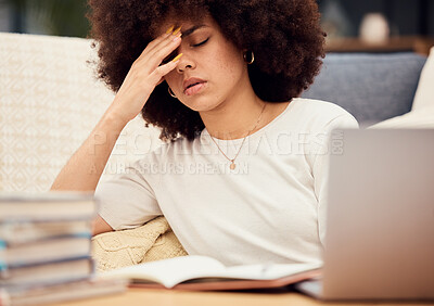 Buy stock photo Headache, mental health or student woman on laptop with depression, stress or anxiety thinking of college, school or university scholarship. Sad, frustrated or girl for burnout or education deadline 