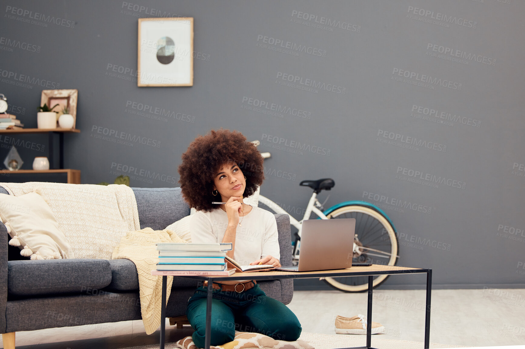 Buy stock photo Student, study and black woman in home thinking of essay writing ideas for college art assignment. Creative, focus and opinion of young afro girl working on university project idea in house.

