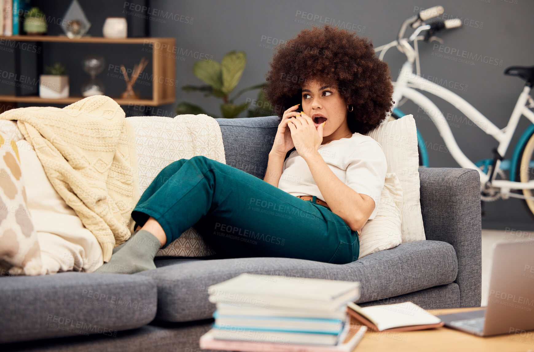 Buy stock photo Surprise, phone call and black woman student on sofa with wow for study results, fake news or education feedback scholarship announcement. Girl on lounge and cellphone for shocked sales communication