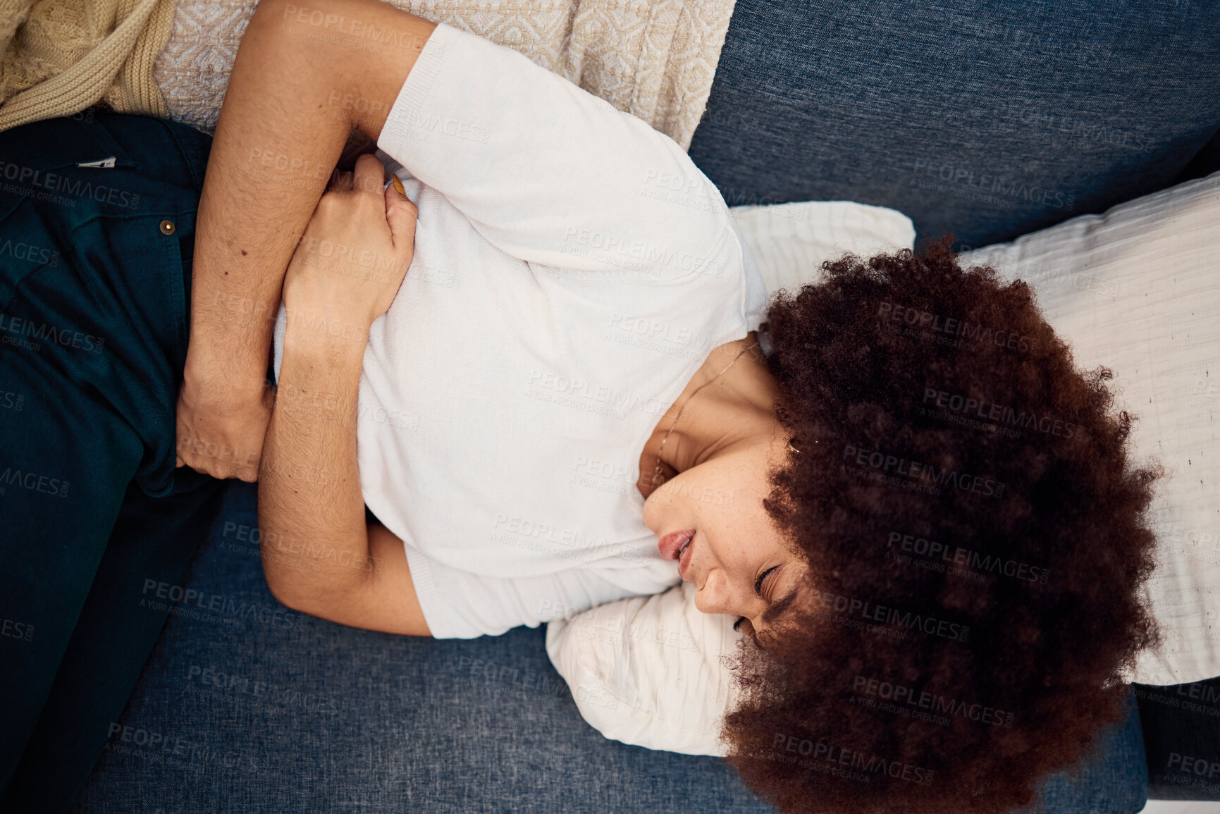 Buy stock photo Stomach pain, black woman and period of a person holding her body feeling hurt. Menstrual cycle, sickness of mental health struggle of a female at home with covid, dengue fever or illness at a house