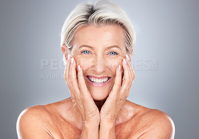 Buy stock photo Portrait, senior woman and beauty, skincare and wellness in studio for grooming, hygiene and pamper routine on grey background. Face, elderly model and happy, smile and excited about facial treatment