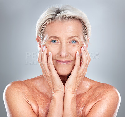 Buy stock photo Skincare, beauty and face of a senior woman with wellness, health and smile against a grey studio background. Relax, dermatology and happy elderly person in retirement with cosmetology to relax 