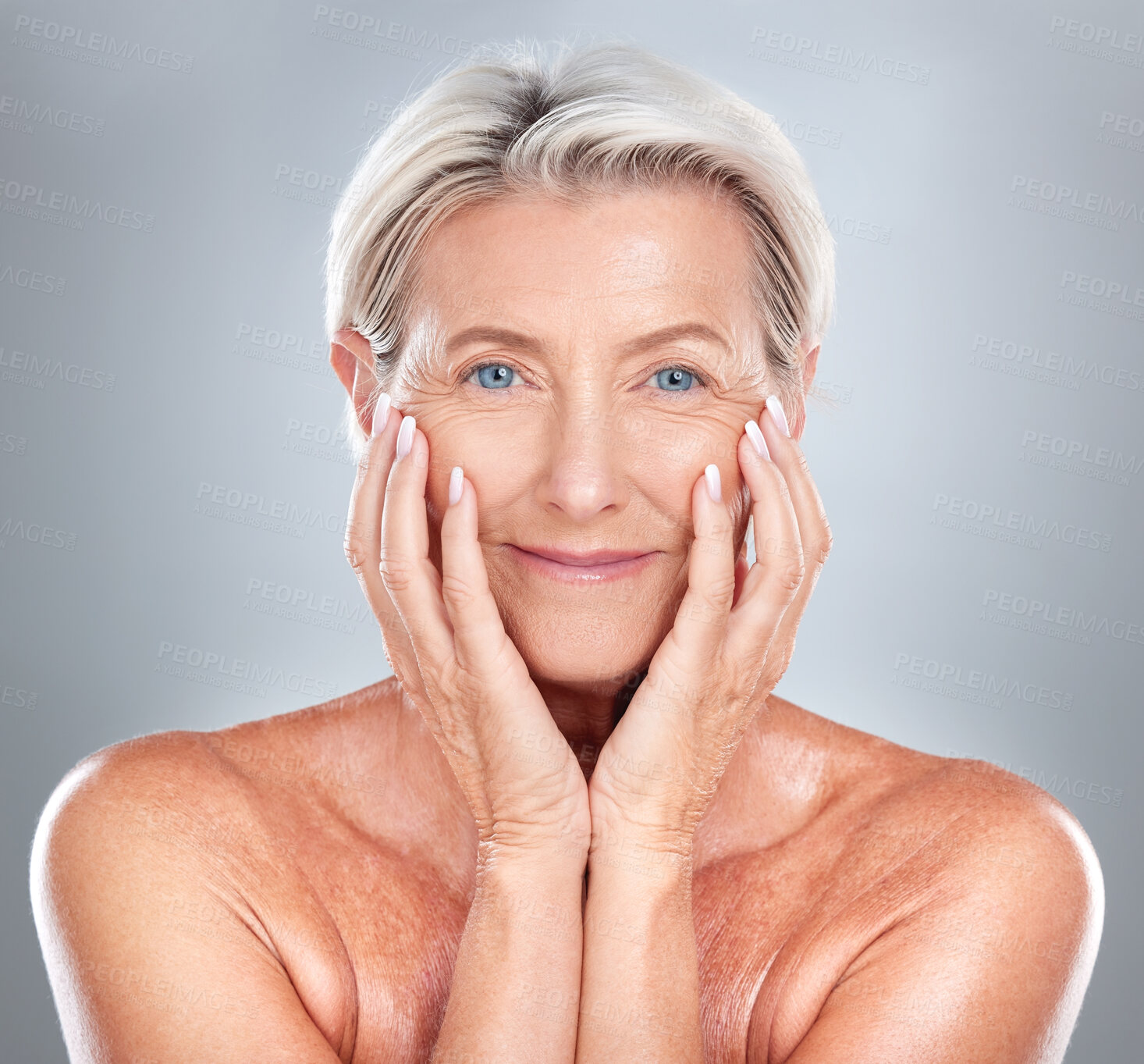 Buy stock photo Skincare, beauty and face of a senior woman with wellness, health and smile against a grey studio background. Relax, dermatology and happy elderly person in retirement with cosmetology to relax 