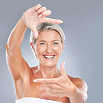 Picture hand sign, happy and senior woman with a smile from skin wellness and beauty. Portrait of a elderly person model from Texas feeling happiness from skincare and anti aging cosmetic treatment