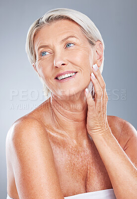 Buy stock photo Senior, beauty skincare and model woman from Germany with healthy skin and wellness with a smile. Happy, cosmetic and dermatology of a elderly person face feeling happiness from anti aging treatment