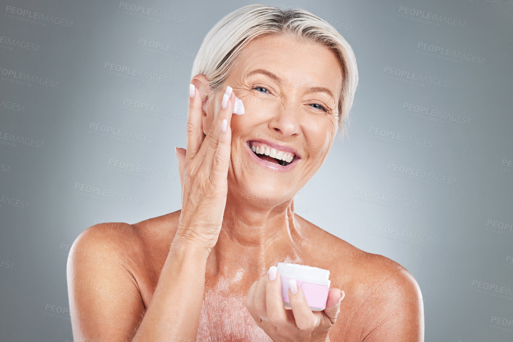 Buy stock photo Senior, skincare and face cream of a woman with smile, facial lotion and moisturizer. Portrait of cosmetic beauty and elderly model with anti aging, wellness and healthy skin treatment with happiness