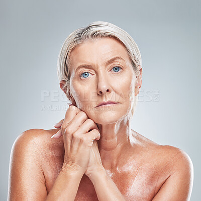 Buy stock photo Senior woman, beauty and skincare for face with cosmetics, makeup and wrinkle repair for wellness, health and glow. Portrait of female with dermatology care for skin with retinol anti aging product