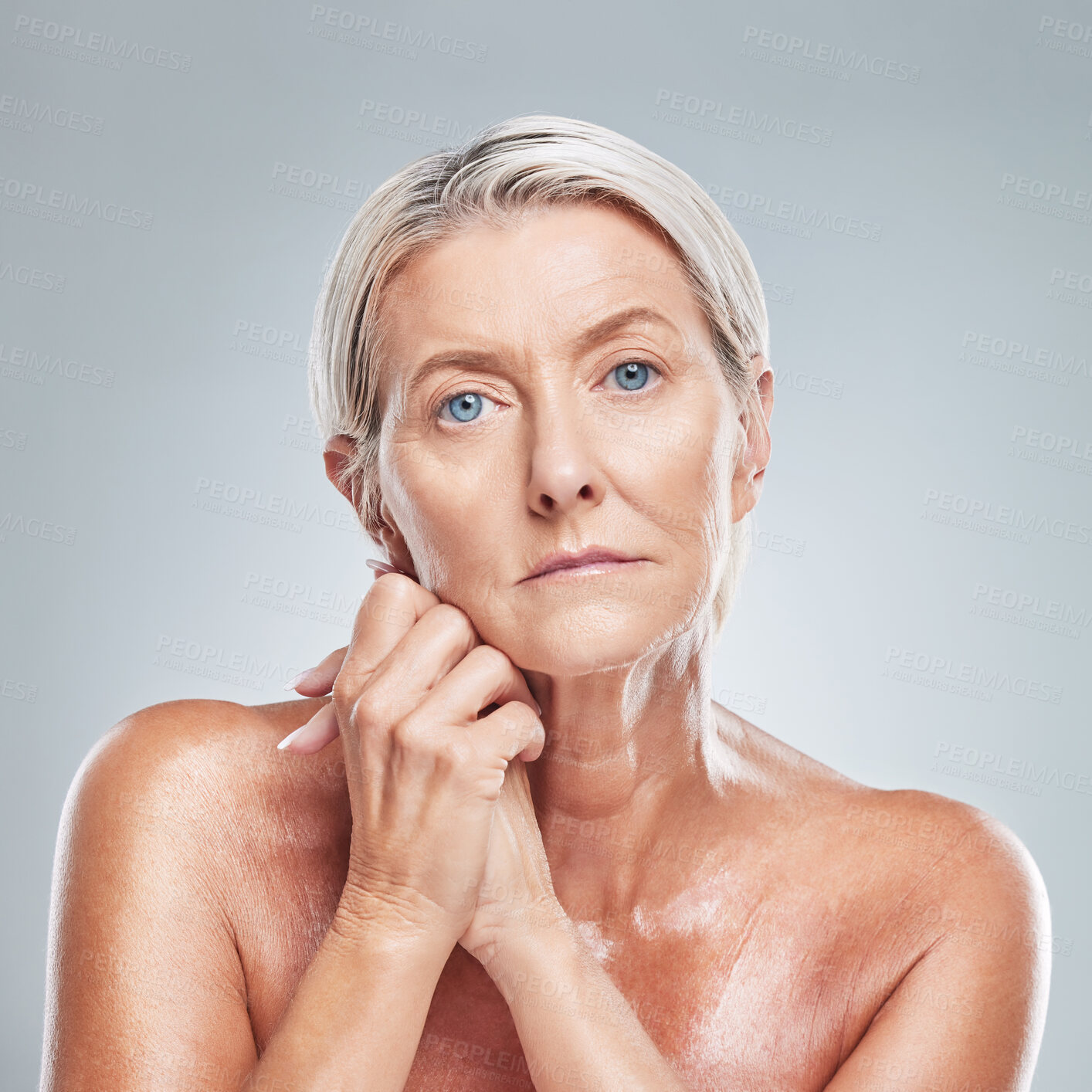 Buy stock photo Senior woman, beauty and skincare for face with cosmetics, makeup and wrinkle repair for wellness, health and glow. Portrait of female with dermatology care for skin with retinol anti aging product