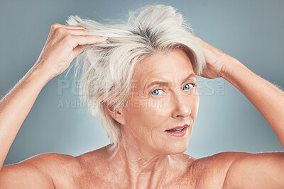 Buy stock photo Messy hair, woman and senior model looking for hair care, wellness and salon hairstyle cut. Portrait of an elderly person from Amsterdam with bed head look ready for skin wellness and dye treatment