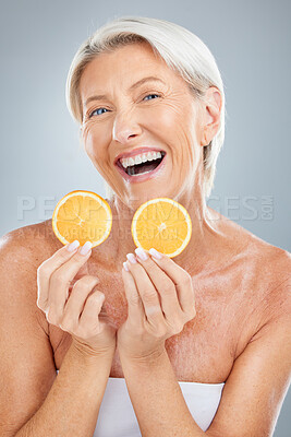 Buy stock photo Fruit, orange and senior woman with a smile happy about skin beauty, wellness and healthy living. Portrait of elderly person with happiness about nutrition, health food and organic diet for skincare