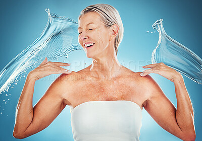 Buy stock photo Water splash, senior and happy woman smile happy about wellness, skincare and healthy skin. Elderly woman with beauty hygiene, cosmetic body care and dermatology treatment excited in water
