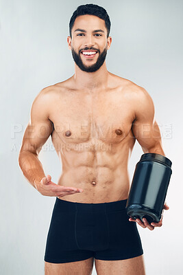 Buy stock photo Fitness man, protein product and health for health, exercise and training workout. Portrait of a happy model advertising healthy shake for sport and cardio motivation smile with marketing space