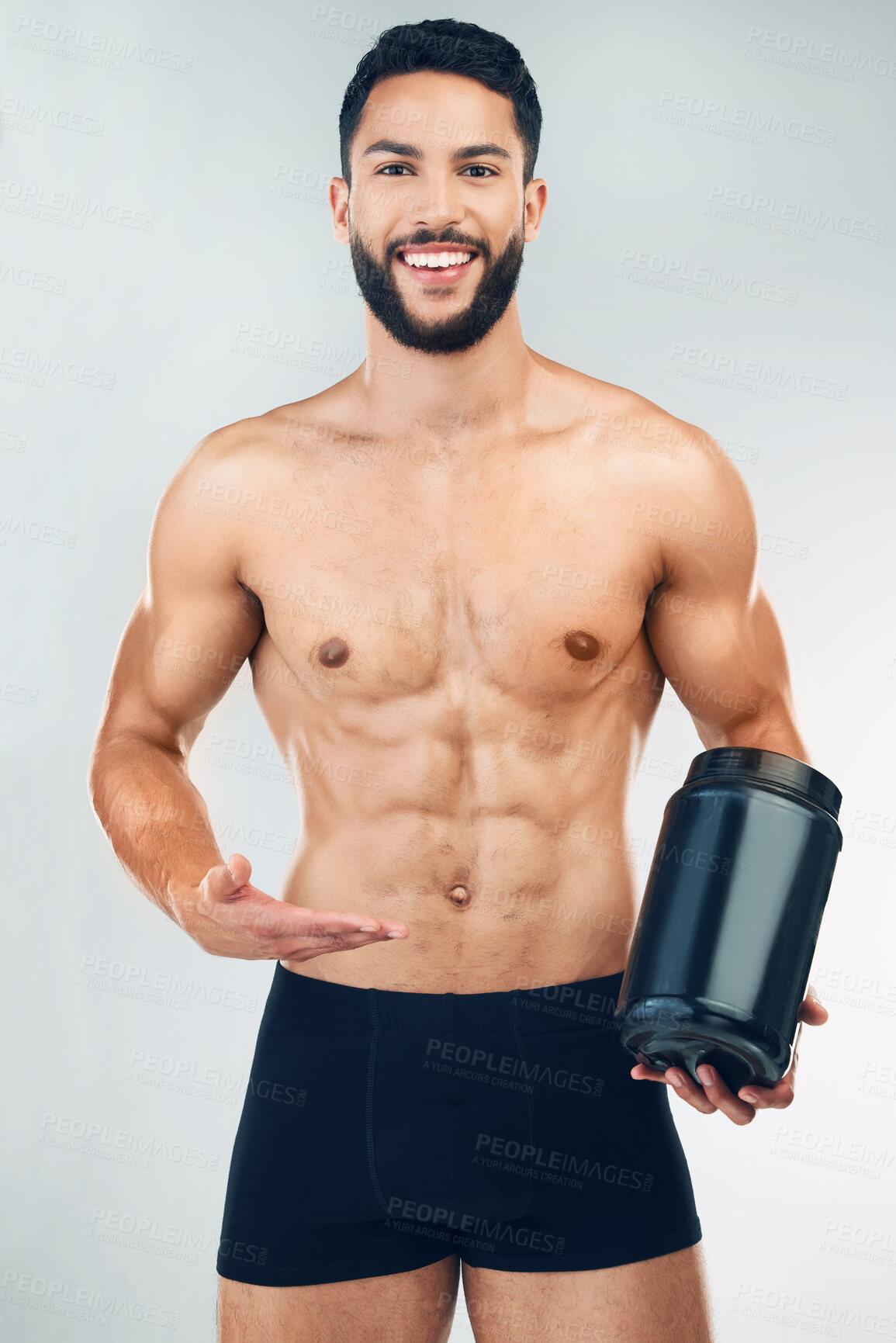 Buy stock photo Fitness man, protein product and health for health, exercise and training workout. Portrait of a happy model advertising healthy shake for sport and cardio motivation smile with marketing space