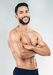 Man, nude fitness portrait and healthcare wellness for body care motivation lifestyle. Young naked sports person, healthy beauty model and exercise bodybuilding training in white background studio