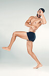 Health, fitness and body of a man in studio for health, wellness and self care motivation for a healthy lifestyle. Strong aesthetic model in underwear for exercise, training and workout goals