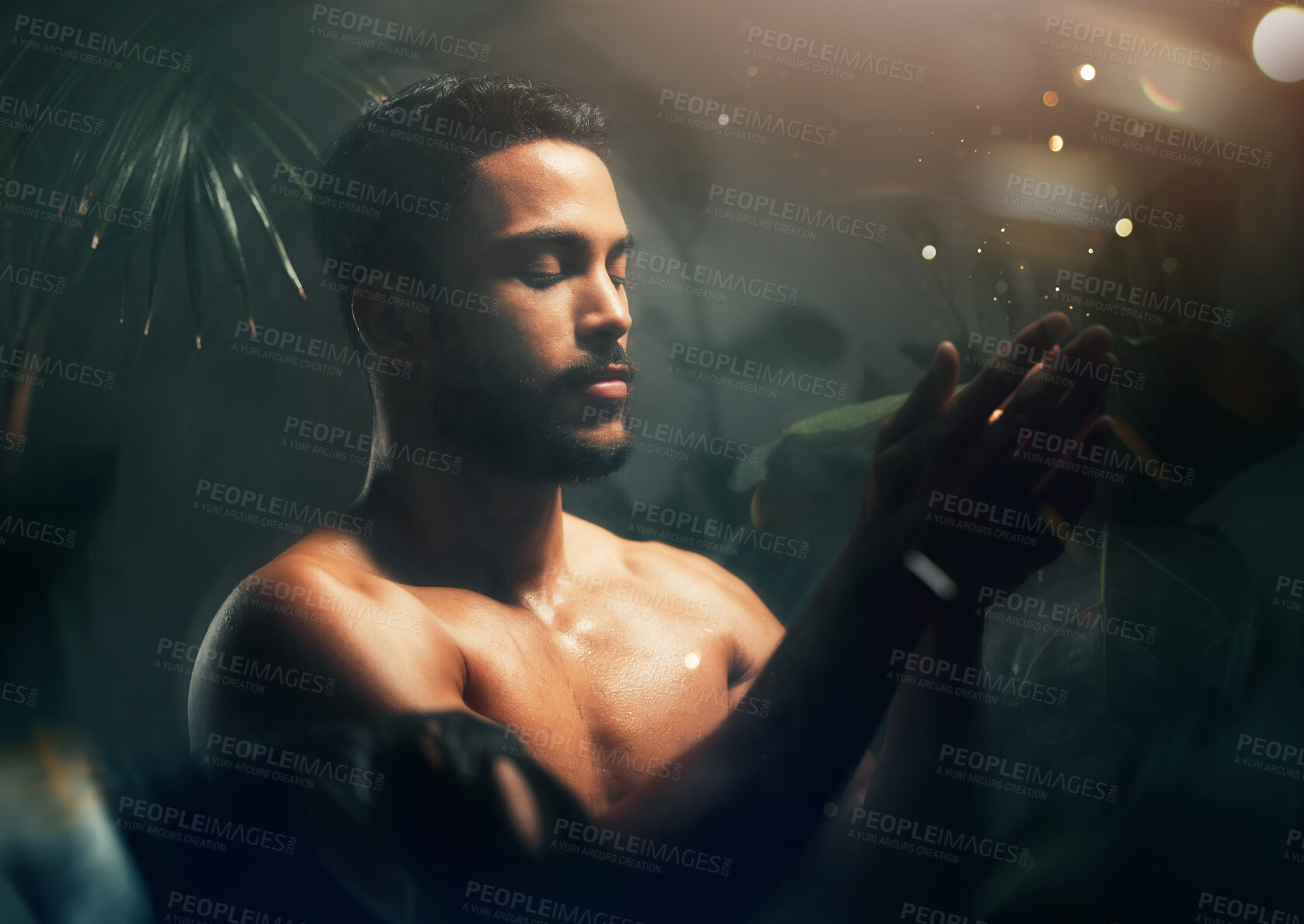 Buy stock photo Health, nature and skincare in forest, garden or between leaves for magic, health and wellness with tropical plants. Aesthetic male model with muscle, fitness and athlete body for leaf beauty mockup