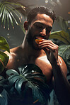 Beauty, tropical and model eating fruit in jungle for health, diet and wellness nutrition in paradise. Palm trees, exotic and hydrated skincare of man with healthy and natural food detox.

