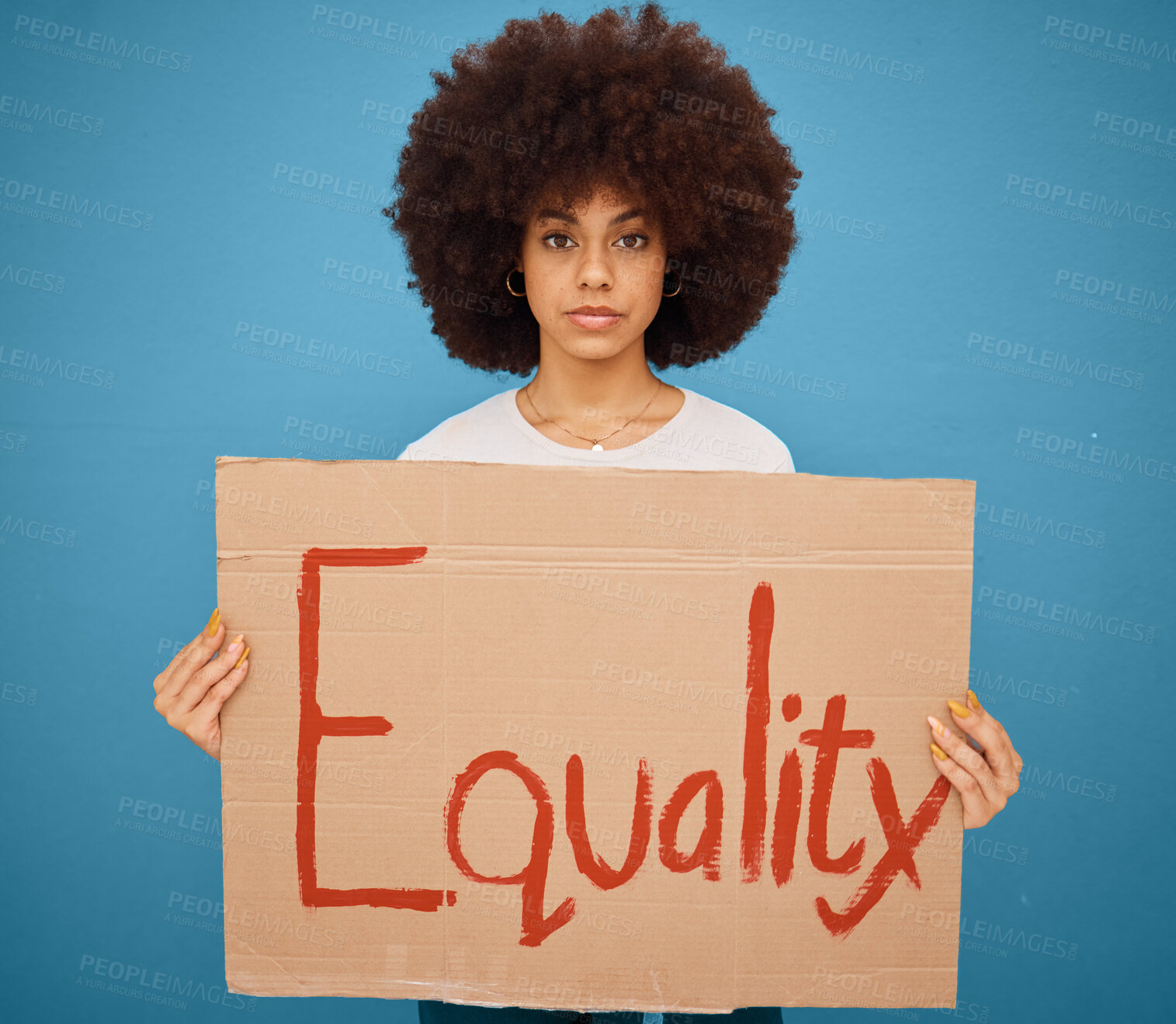 Buy stock photo Equality, protest banner and black woman in studio holding sign for empowerment, change and feminism. Equal rights, poster and female protesting for human rights, racial discrimination and freedom.