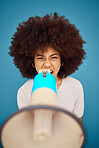 Black woman megaphone, blue background and shouting news for advertising or marketing a retail startup campaign launch. Ecommerce, afro woman and excited announcement for small business discount sale