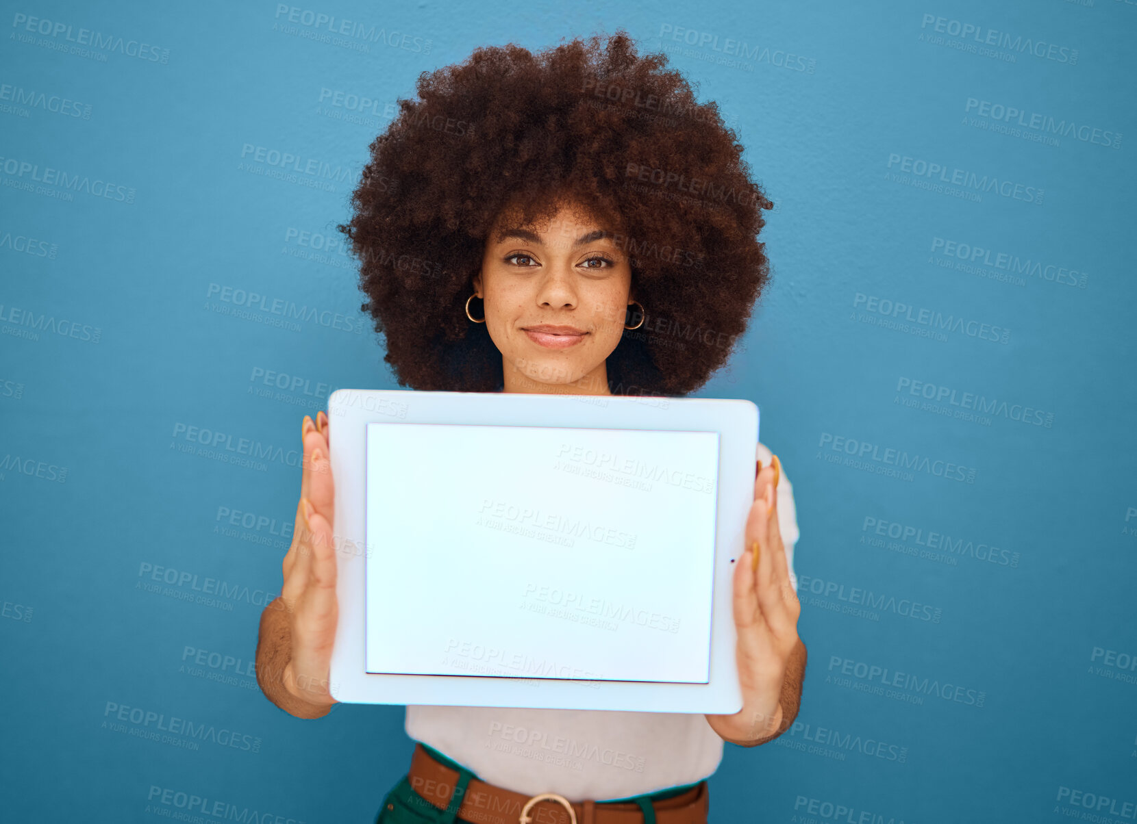 Buy stock photo Mockup, screen and black woman with tablet on blue background in studio for advertising. Marketing, design and woman holding digital gadget with blank, white and empty space for advert, app and text