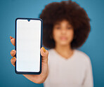 Social media, mockup and woman with phone on green screen for marketing, advertising and product placement. Hand, digital and afro girl with blank screen for branding, information or communication