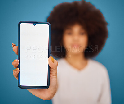 Buy stock photo Social media, mockup and woman with phone on green screen for marketing, advertising and product placement. Hand, digital and afro girl with blank screen for branding, information or communication