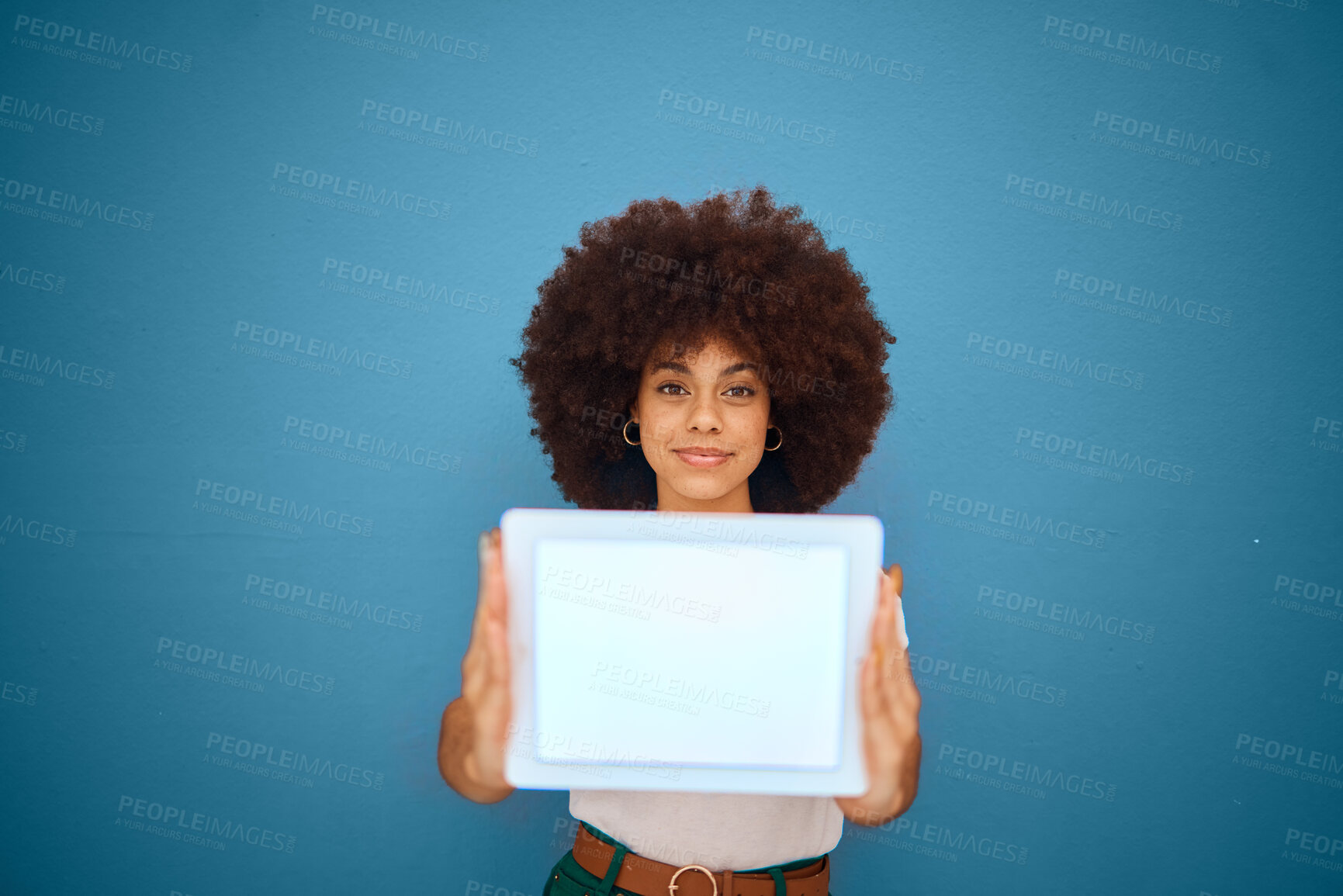 Buy stock photo Mockup screen, digital tablet and portrait of black woman with interactive ui touchscreen, glow light display and user friendly interface. Mock up tech for marketing, advertising or product placement