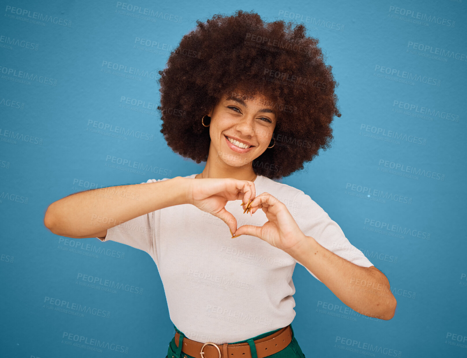 Buy stock photo Heart sign emoji, hands and afro girl on blue isolated background