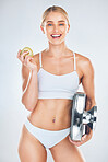 Wellness, body and lose weight diet portrait of woman with nutrition snack marketing and smile. White studio mockup of happy model with healthy figure for nutritionist product advertising.
