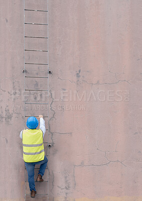 Buy stock photo Engineer, building and man climbing ladder to get to roof or construction site. Engineering, safety and male maintenance, repair or installation contractor or worker going up steps on wall mock up.

