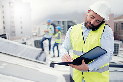 Buy stock photo Solar energy, engineer phone call and man writing on solar roof working on inspection of electric solar panels. Renewable energy, checklist and male contractor on 5g mobile discussing project details