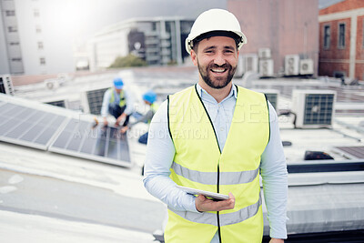 Buy stock photo Engineer, tablet and portrait of man on solar roof testing panels or installation. Renewable energy, solar energy and happy male contractor on touchscreen tech planning inspection or research online.