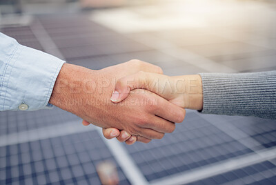Buy stock photo Handshake, welcome and b2b with a business man and woman shaking hands at a solar power plant. Meeting, thank you and collaboration with an employee team in agreement in the energy supply industry