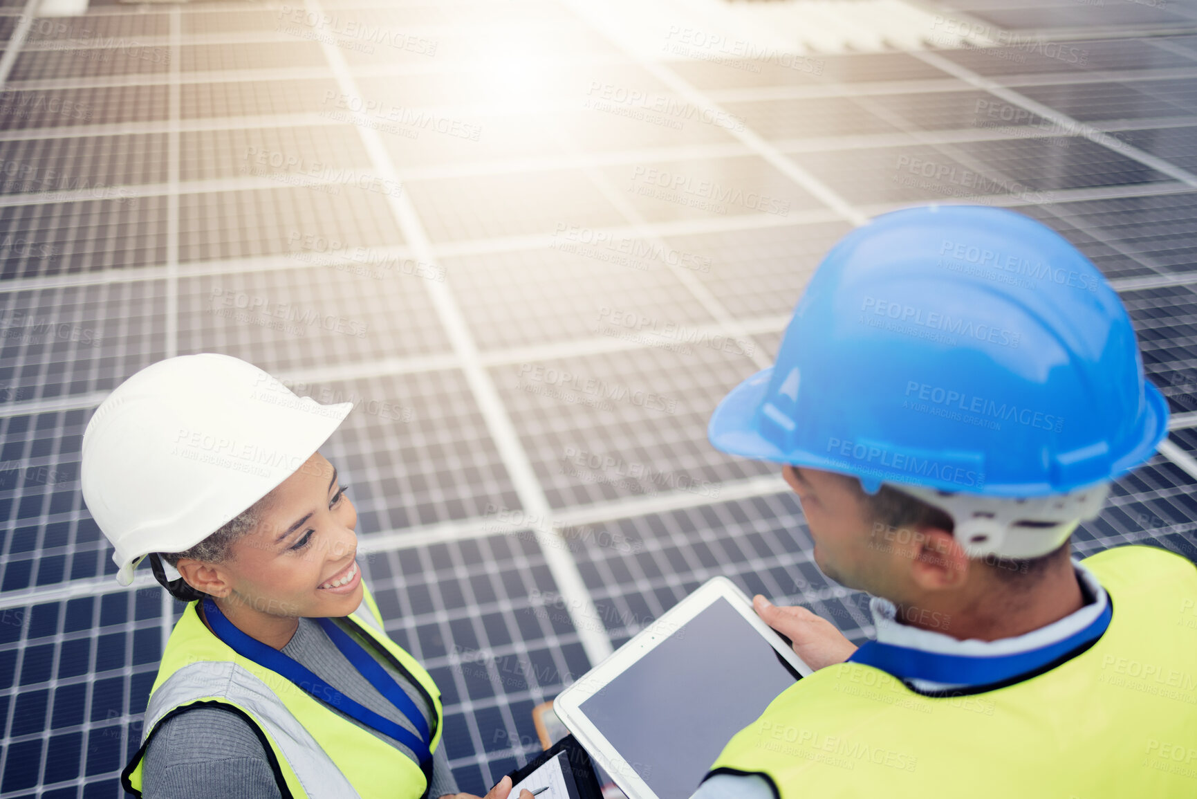 Buy stock photo Engineer, team, solar panel and electrician man and woman with tablet for installation, inspection and maintenance. Techician people working on renewable energy, innovation and photovoltaic cells