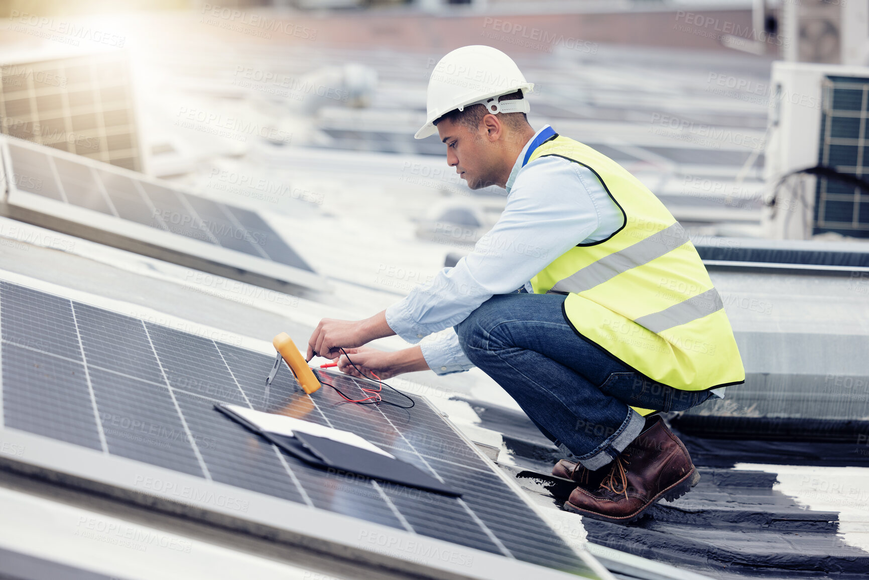 Buy stock photo Solar panel, engineer and electrician working, upgrade and maintenance construction on building roof outdoor. Solar energy, renewable energy and engineering worker or technician fix solar panels