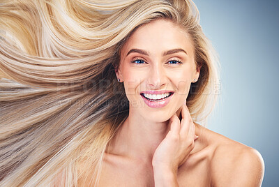 Buy stock photo Salon, blowing blonde hair and portrait of woman with smile on face, beauty and wellness. Hair salon, hair care and female with fresh hairstyle pose for shampoo, conditioner and designer hair product