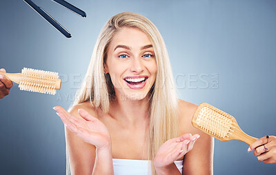 Buy stock photo Studio makeover, hair and beauty with woman looking happy about hair care by professional people against a grey background. Styling team, hairstyle and russian model relax, smile and enjoy treatment