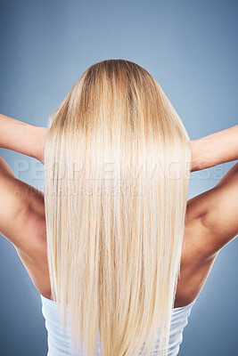 Buy stock photo Woman, beauty and blonde hair or cosmetics hair care wellness mockup in studio. Model, healthy professional haircare and natural colour care shine or hairstyle treatment against blue background