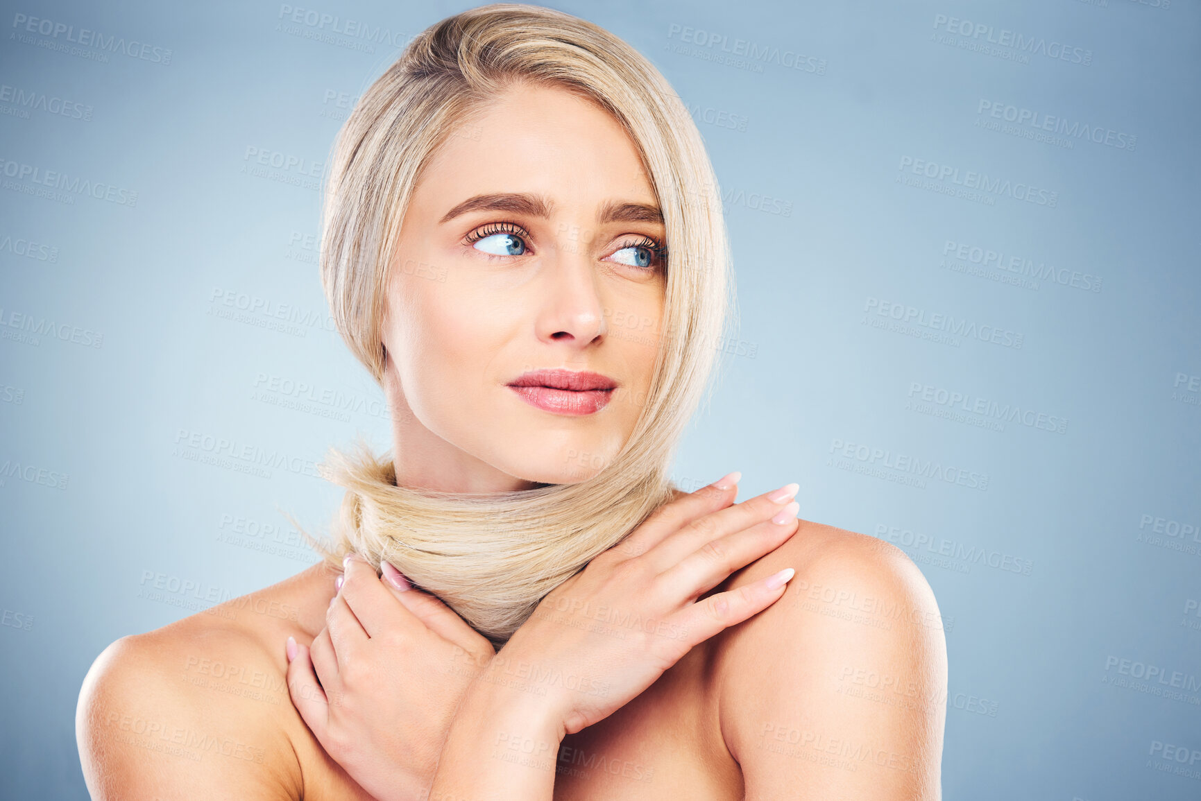 Buy stock photo Beauty, hair care and face of woman with skincare, luxury makeup and healthy hair shine. Trichology, natural cosmetics and aesthetic wellness model with clean hairstyle isolated on studio background