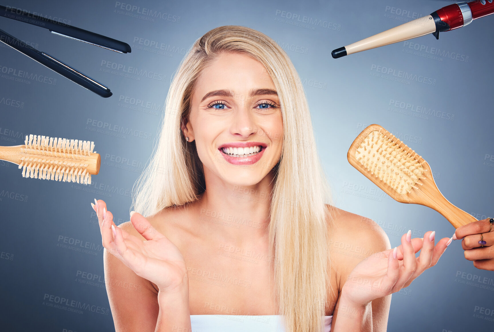 Buy stock photo Hands, hair and woman in studio for beauty, makeover and hairstyle against grey background mockup. Portrait, model and professional team help with luxury, wellness and hair care, tool and mock up