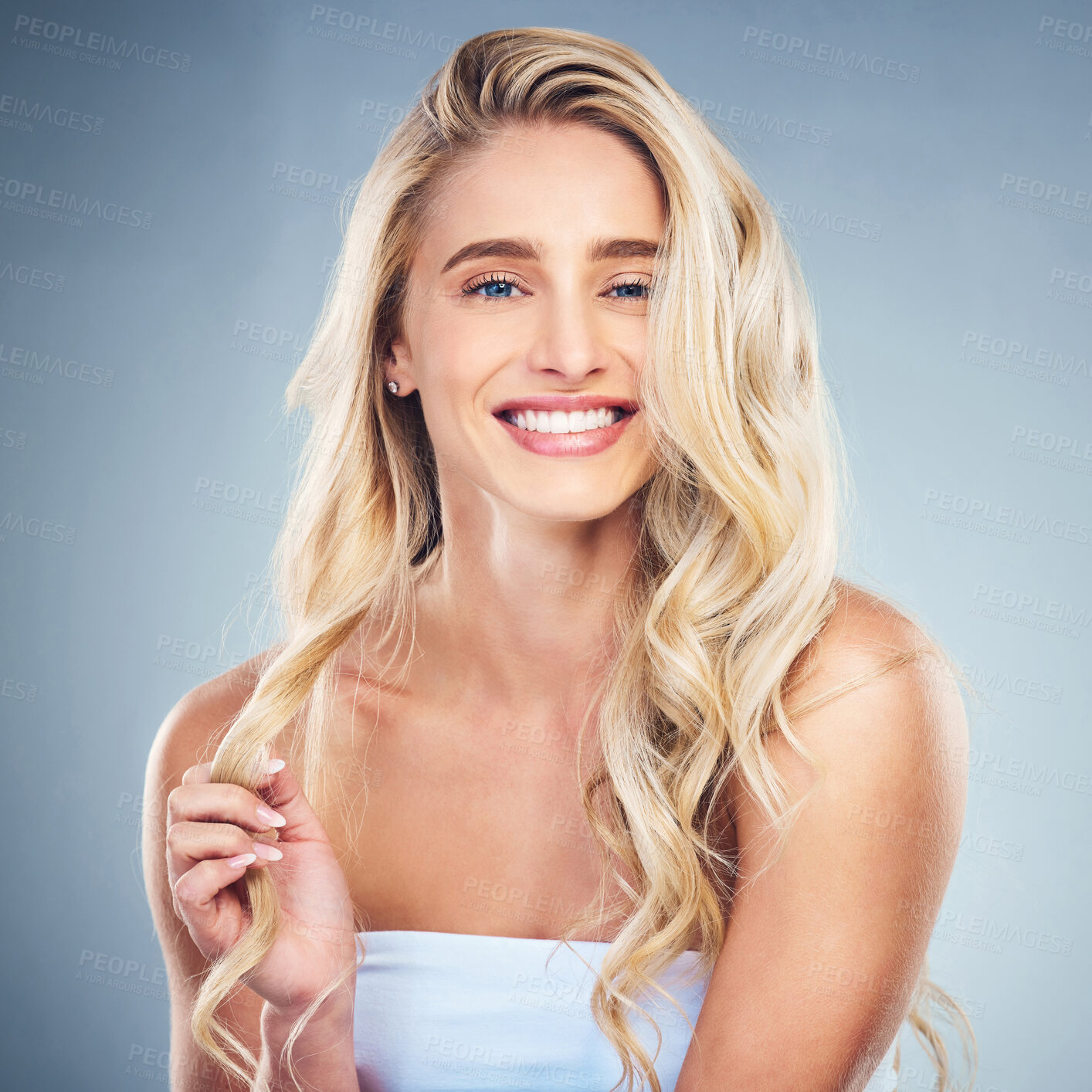 Buy stock photo Happiness, hair and beauty of a woman in studio for luxury hair care with shampoo for health, wellness and growth or shine. Portrait, face and smile of model in studio for self care cosmetics 