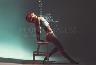 Buy stock photo Water, water splash on woman and skincare, hydration with hygiene, beauty and wellness against studio background. Body care, healthy skin and aqua treatment, clean and moisture with fresh mockup.