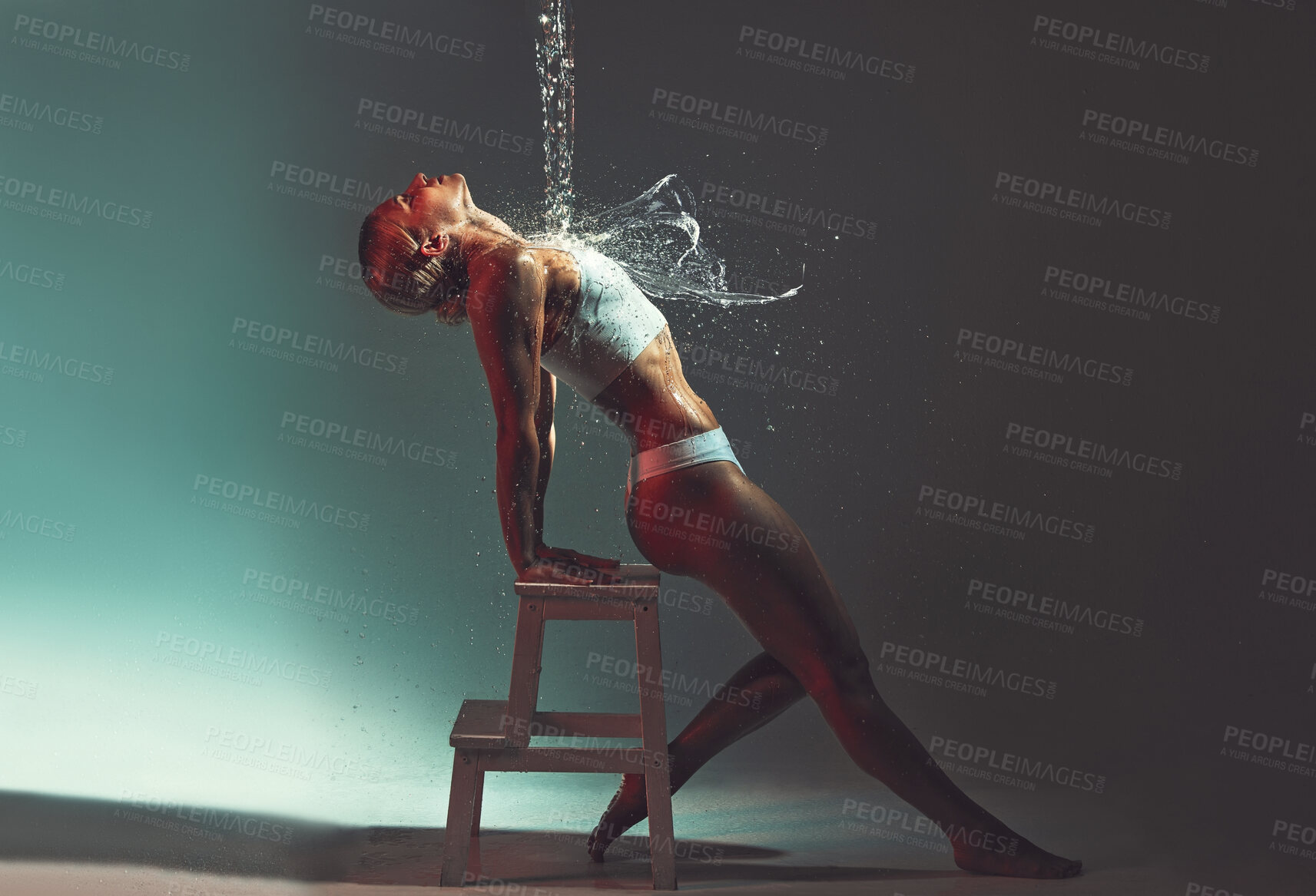 Buy stock photo Water, water splash on woman and skincare, hydration with hygiene, beauty and wellness against studio background. Body care, healthy skin and aqua treatment, clean and moisture with fresh mockup.
