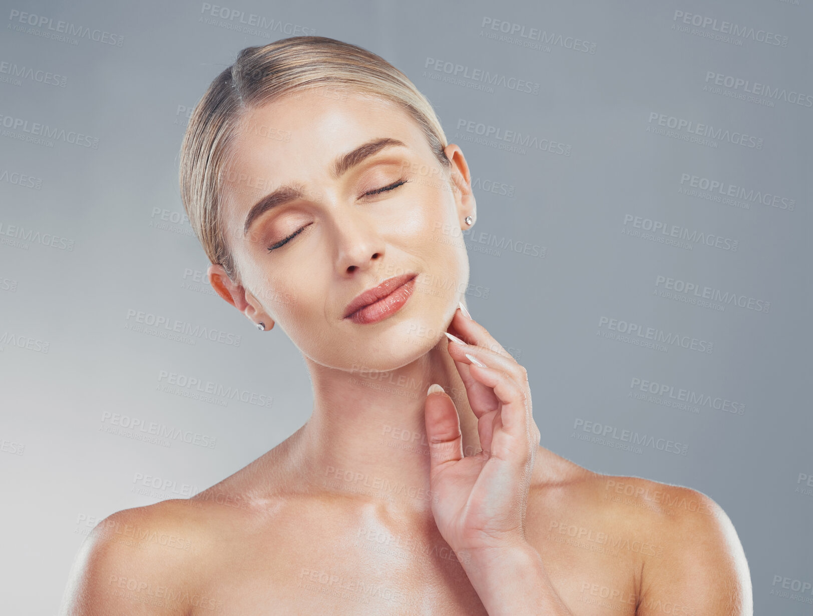 Buy stock photo Beauty, face and woman relax skincare or cosmetic wellness  therapy with eyes closed. Young girl model, luxury makeup and natural skin treatment or healthy body care glow in grey background studio