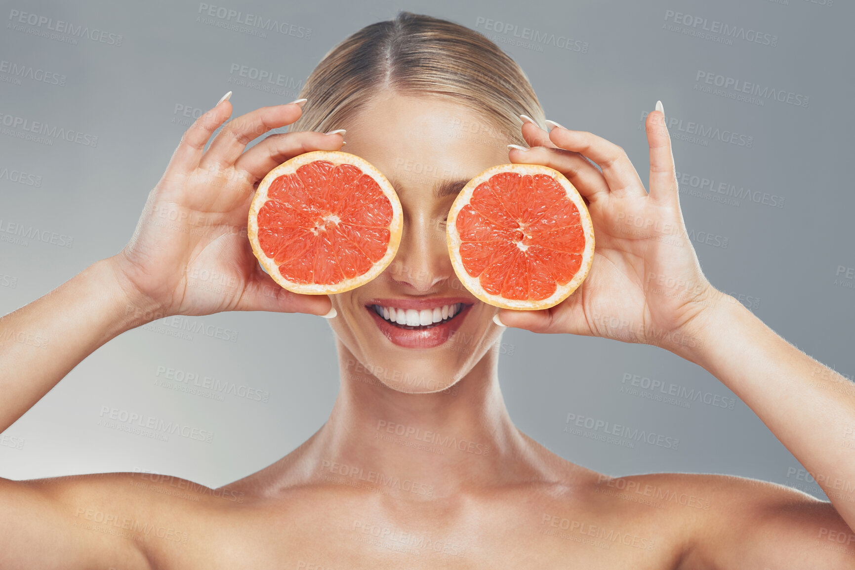 Buy stock photo Woman, beauty and product with grapefruit skincare for healthy skin, self care and natural cosmetics glow. Facial citrus moisturizer, happy face and moisturizing vitamin c organic cosmetology routine