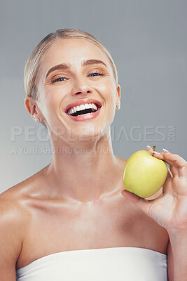 Buy stock photo Apple, beauty and portrait of health woman with fruit for body care, antioxidants and healthy weight loss diet. Aesthetic model with nutritionist food for diy facial acne treatment, skincare or detox