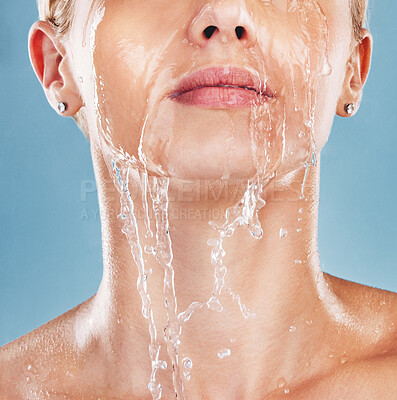 Buy stock photo Woman face, water splash and cleaning skin, wellness and shower in blue studio mockup background. Mock up, model cosmetic and cleaning body with facial wash, clean and bath for hygiene and hydration